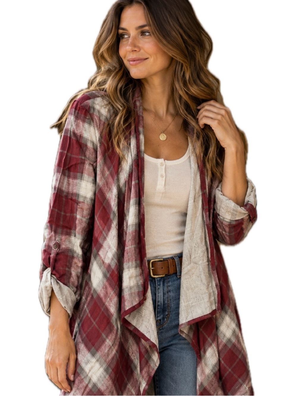 NWT Eddie Bauer Plaid Flannel Wrap Cardigan  Waterfall Open Front Cozy Fall SM